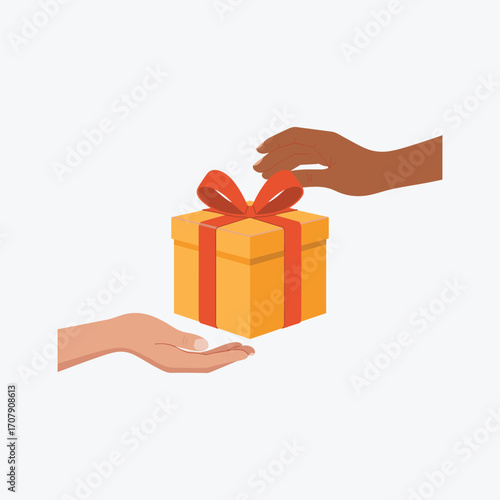 Hand giving a yellow gift box with a red ribbon to another hand Keywords: hand, giving, gift, present