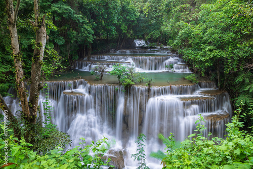 Waterfall surrounded by tropical forest at Huay Mae Khamin National Park, Tier 4 Chat Kaeo, Kanchanaburi, Thailand