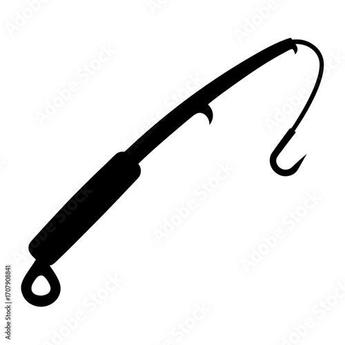 Silhouette of a fishing rod with a hook against a white background