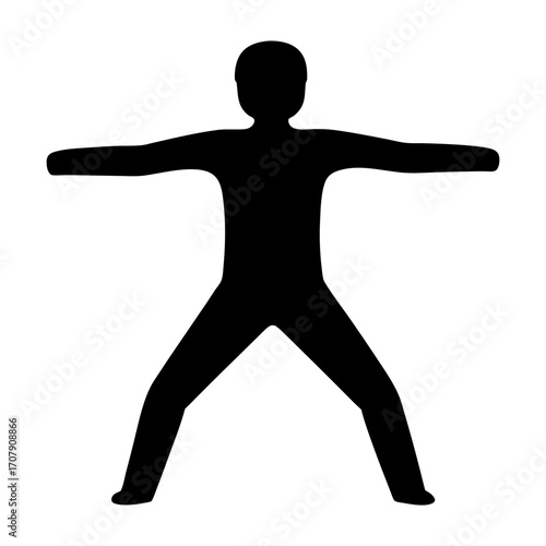 Silhouette of a person performing a wide stance yoga pose with arms extended