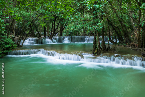 Tropical waterfall in lush forest with emerald water, Huay Mae Khamin National Park, Tier 2 Man Khamin, Kanchanaburi, Thailand