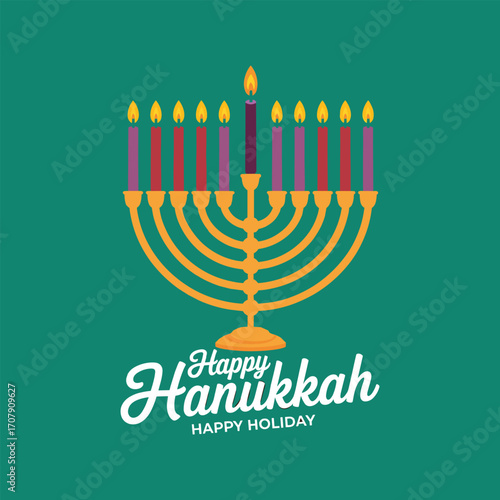 Happy Hanukkah menorah with nine lit candles on teal background Keywords: Hanukkah, happy, holiday