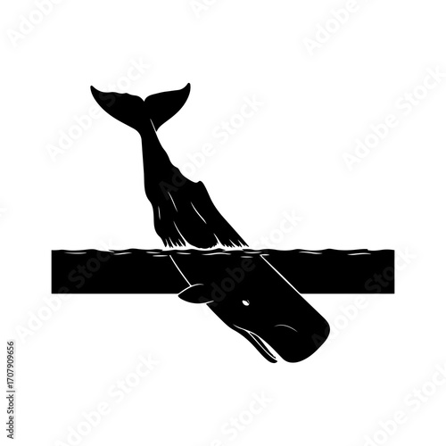 Whale diving into ocean with transparent background