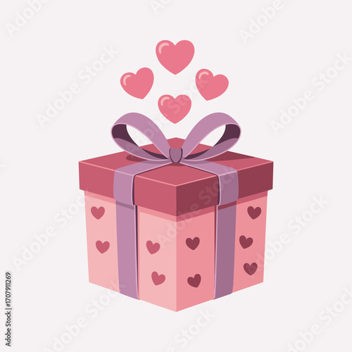 Pink Gift Box With Hearts And Purple Ribbon Releasing Pink Hearts present love