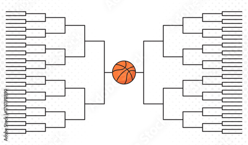 Basketball tournament bracket chart with court background, perfect for sports events, competition planning, and athletic promotional materials.