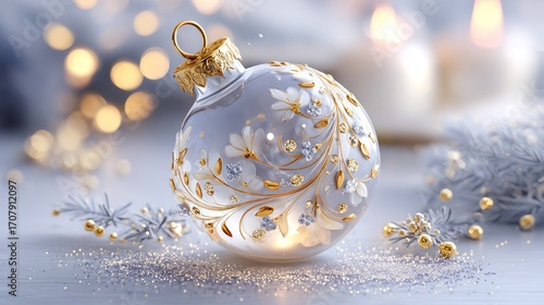 Elegant Christmas glass ornament, decorated with details in soft beige and gold tones,