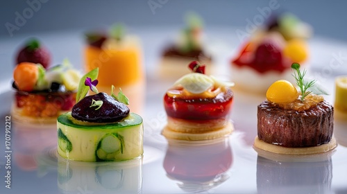 A close-up shot of an assortment of colorful and meticulously prepared gourmet appetizers, artfully arranged on a reflective white surface.  Each bite-sized 