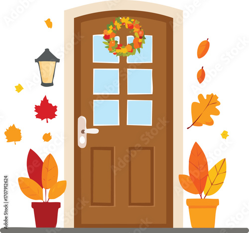 A front door with an autumn wreath, a lantern, and potted plants. A cozy and welcoming vector illustration for fall and Thanksgiving home decor. Generative AI