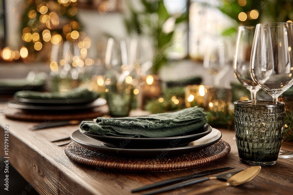 Naklejka premium A beautifully set dining table with elegant plates, glasses, and green accents, creating a warm and inviting atmosphere.