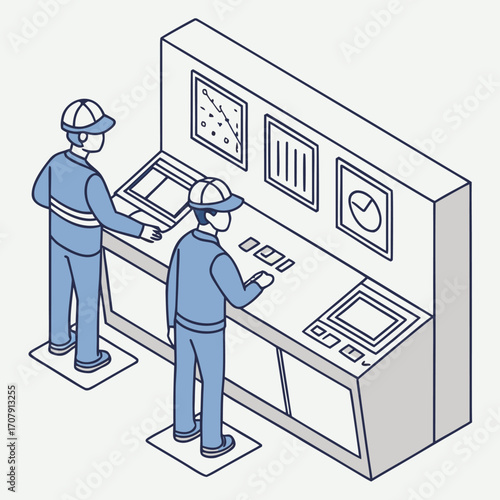 Engineer in isometric traffic control room operating monitors for railway and truck shipping logistics, isolated cartoon illustration.