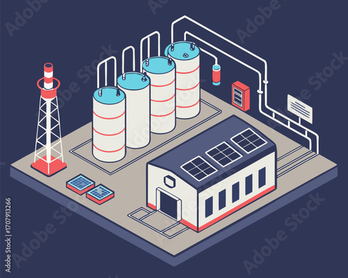 Green hydrogen production plant with PEM water electrolyser, isometric diagram illustration, industrial energy concept isolated on white.