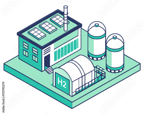 Industrial hydrogen generation system with PEM water electrolyser in isometric style, isolated green technology cartoon vector.