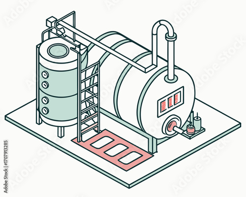 Factory boiler machinery isometric diagram, demonstrating operational workflow, working process, and industrial machine concept illustration.