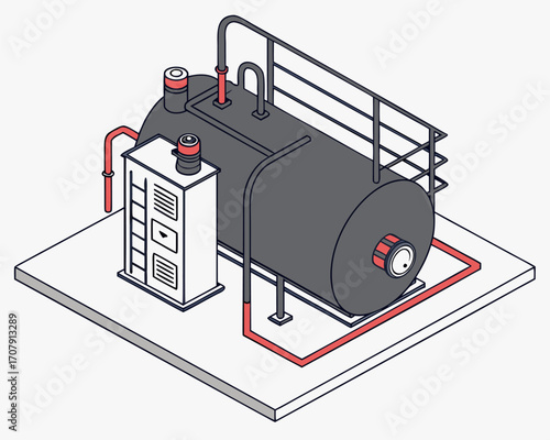 Industrial boiler machine diagram in isometric style, explaining factory operations and working concept, isolated cartoon illustration.