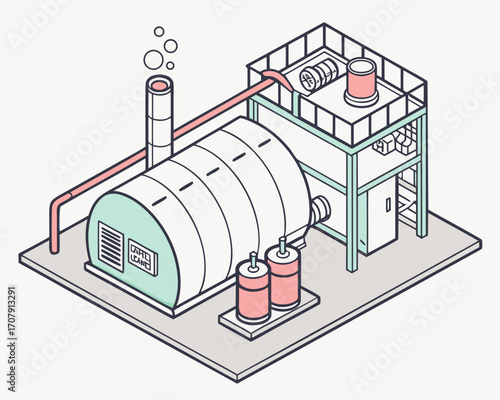 Industrial boiler system diagram in isometric view, demonstrating factory machine operation and working concept, isolated cartoon vector.