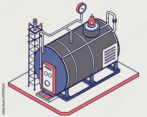 Industrial boiler system operation shown in isometric style, factory machinery working process diagram, isolated cartoon vector.