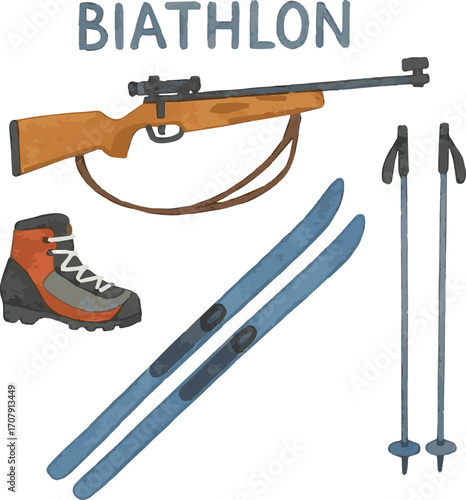 Collection of watercolor painted illustrations of biathlon stuff