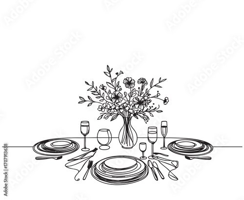 Hand drawn dinner serving table with flowers vector illustration. Sketch