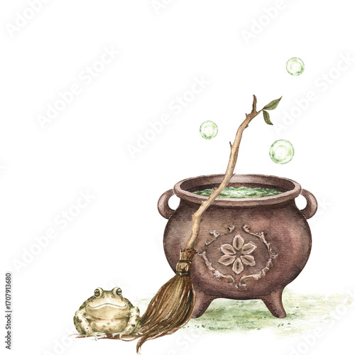 Vintage witch's cauldron with green potion, broom and frog. Hand drawn watercolor illustration isolated on white background. Kids print for Halloween decor, magic design, postcard, poster, sticker.