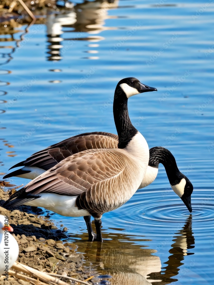 Obraz premium Geese foraging by the water's edge tranquil lake setting wildlife photography close-up view nature concept