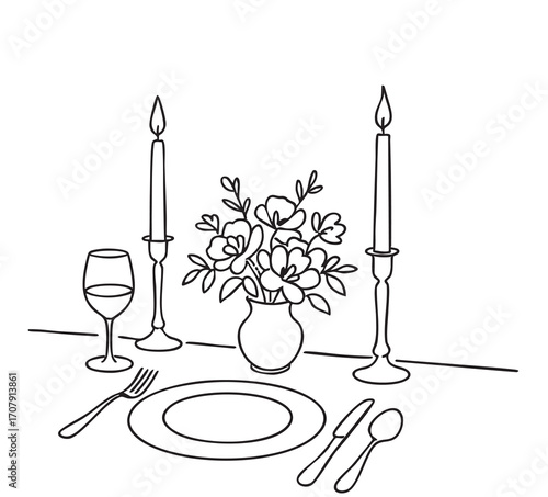 Hand drawn dinner serving table with flowers and candles vector illustration. Sketch