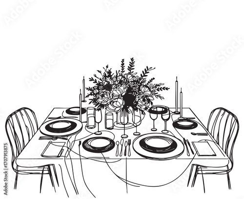 Hand drawn dinner serving table with flowers vector illustration. Sketch