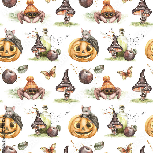 Seamless pattern with cute bat, spider, pumpkin, butterfly, black apple, amanita, bottle, splashes. Hand drawn watercolor fairy illustration on white background. Kids fall design, Halloween print.