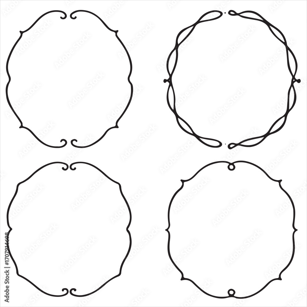 Fototapeta premium Whimsical Oval Wedding Frames – Hand-Drawn Vintage Black Line Set