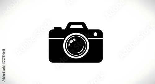 A black and white graphic illustration of a camera with a lens in the center on a white background ai generated
