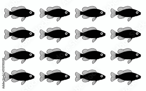 Vector art of pattern of small black fish in rows and columns