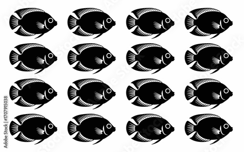 Vector art of pattern of black angelfish in rows and columns