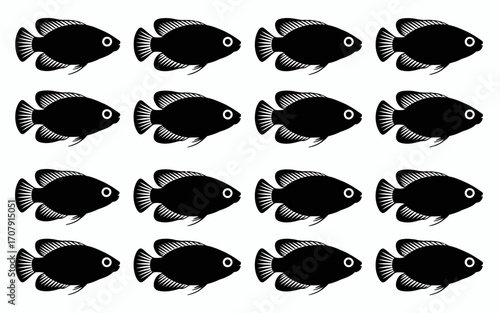 Vector art of pattern of small black fish in rows and columns