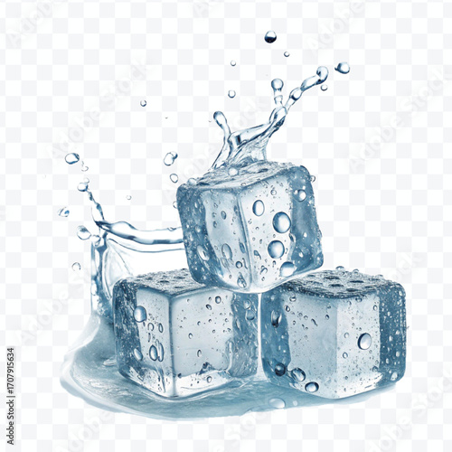 realistic 3d smooth ice cubes into water splash in  different style isolated on transparent background