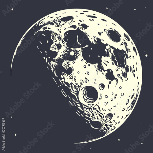 Vector art of detailed hand drawn moon with craters and stars, a celestial body in the night sky, evoking a sense of wonder and mystery, perfect for astronomy enthusiasts and space lovers alike
