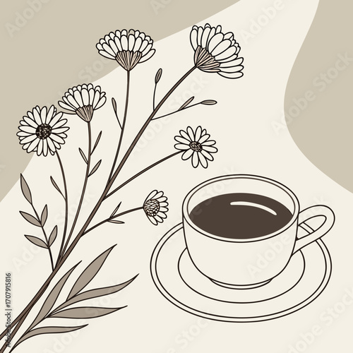Vector art of a cozy illustration featuring a cup of coffee with delicate flowers, creating a serene and inviting atmosphere, perfect for relaxation and enjoying a peaceful moment