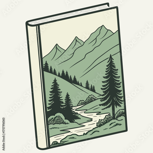 Illustration of a book with a mountain landscape cover, showcasing a serene scene of nature, perfect for book lovers and nature enthusiasts