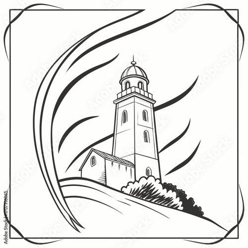 Vector art of a black and white illustration of a lighthouse on a hill, framed by stylized waves and foliage, creating a nautical and scenic design with a vintage aesthetic