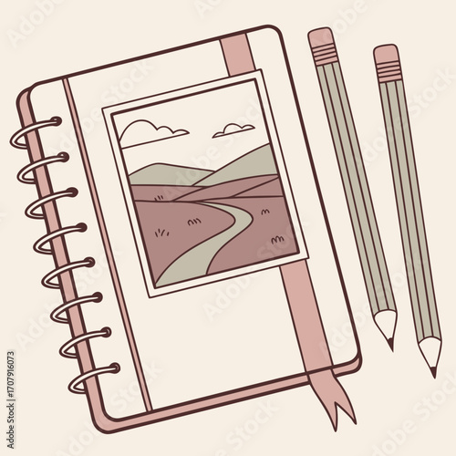 Vector art of a charming illustration of a sketchbook with a landscape drawing, accompanied by two pencils, evokes creativity and artistic expression in a cozy, inviting scene