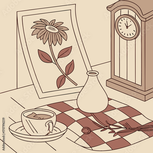 Vector art of a cozy and charming still life illustration featuring a flower painting, a vintage clock, a vase, a cup of tea, and a checkered cloth, all rendered in a warm and inviting color palette