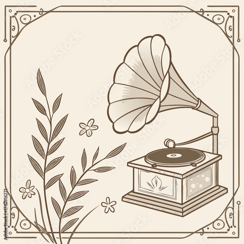 Vector art of vintage gramophone with floral accents, evoking a sense of nostalgia and classic charm, perfect for designs related to music, history, or vintage aesthetics, with a decorative frame
