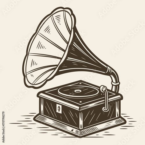 Vector art of vintage gramophone illustration with intricate details, showcasing the classic design of the phonograph with its horn and turntable, evoking a sense of nostalgia and historical charm
