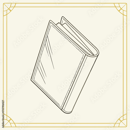 Illustration of a closed book with a simple line drawing style, set against a creamcolored background and framed by a decorative gold border, creating a vintage and elegant feel