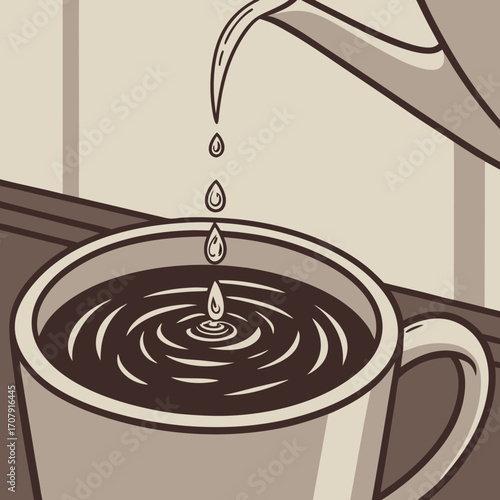 Vector art of a captivating illustration captures the moment of pouring coffee into a cup, creating a warm and inviting atmosphere, perfect for conveying the essence of a comforting coffee break
