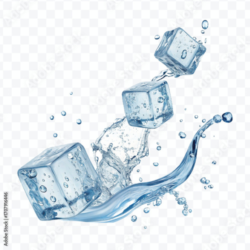 realistic 3d smooth ice cubes into water splash in  different style isolated on transparent background