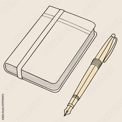 Vector art of a simple yet elegant illustration of a notebook and pen, rendered in a clean line art style, perfect for representing writing, journaling, or creative work