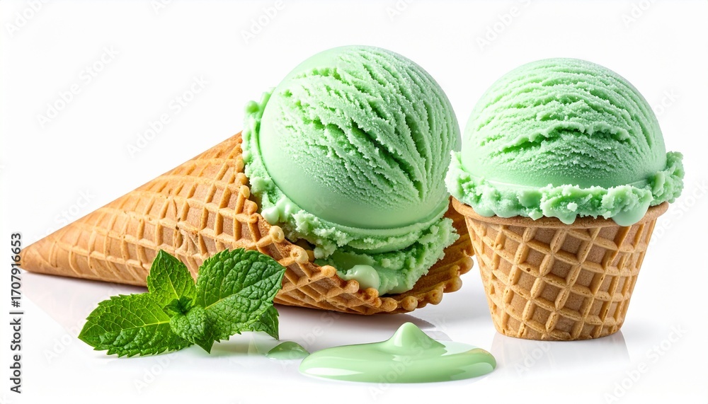 Fototapeta premium Fresh Mint Ice Cream Cones with Mint Leaves on a White Background