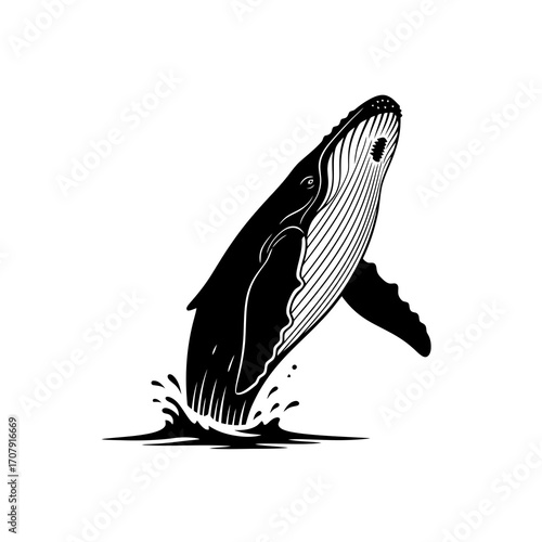Humpback whale breaching from ocean water silhouette isolated on white background