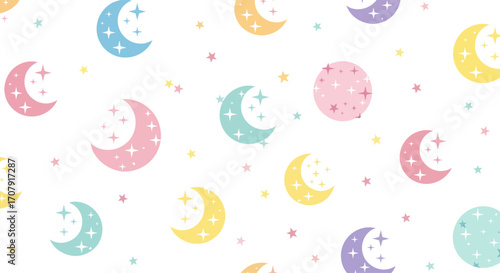 Seamless pattern of cute pastel colored crescent moons and stars.