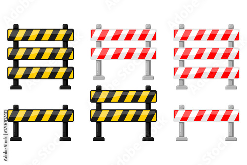Road Construction Barrier Vector, Red White Striped Roadblock and Yellow Black Safety Barricade Isolated on White Background Illustration