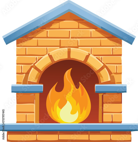 A cozy brick fireplace with a burning fire. A simple vector illustration for concepts of home, comfort, warmth, and winter. Generative AI